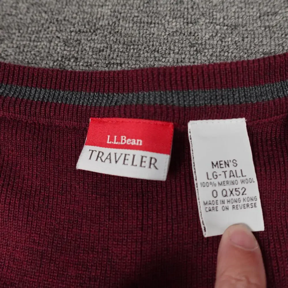LL Bean Vest Mens LT Red 100% Merino Wool V Neck Sweater Knit Traveler Pullover
